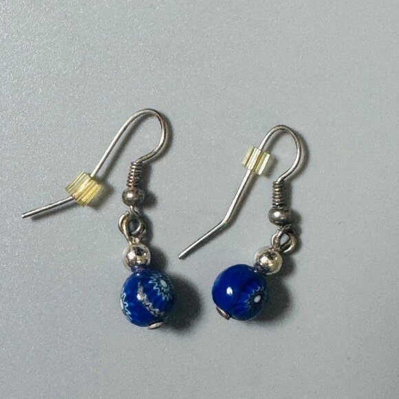 Vintage Venetian Glass Cobalt Blue Millefiori Ball Silver Earrings - Picture 2 of 2